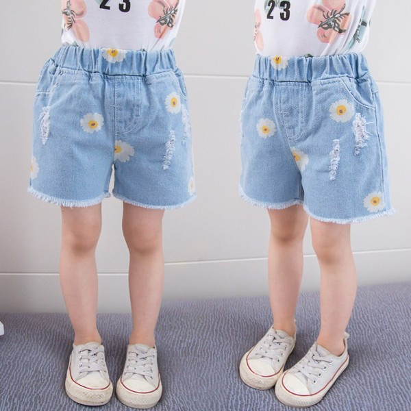 Kék színű rövid gyerekfarmer, zsebekkel lányoknak