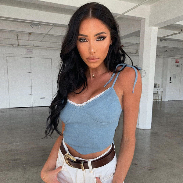 Női farmer felső rövid modell kék nyakkendővel