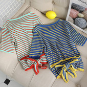 Μπλούζα με κοντό μανίκι και κορδέλα στην πλάτη σε δύο χρώματα