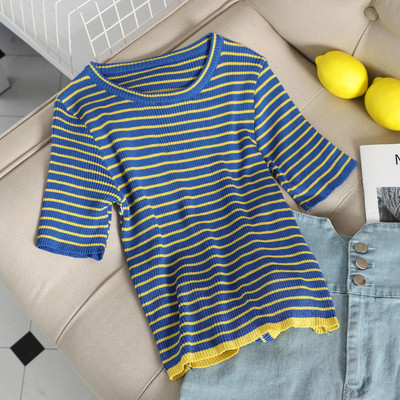 Μπλούζα με κοντό μανίκι και κορδέλα στην πλάτη σε δύο χρώματα