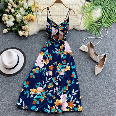 Modern női hosszú ruha vékony pántokkal és gombokkal több színben