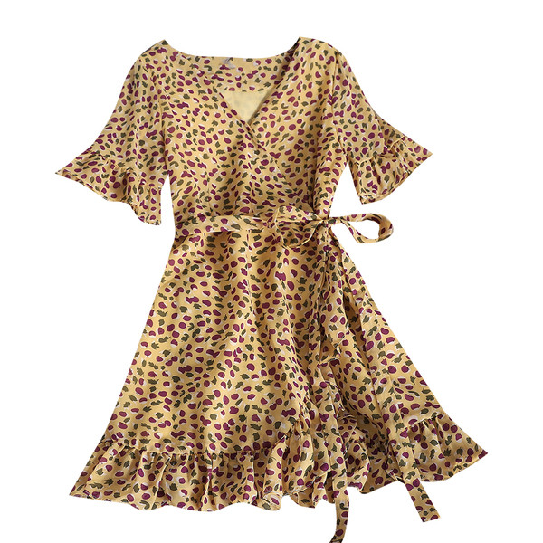 Модерна дамска рокля с цветен десен и колан в няколко цвята