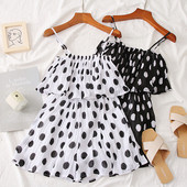 Salopetă de damă modernă plisată cu bretele subțiri în patru culori de puncte