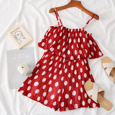 Salopetă de damă modernă plisată cu bretele subțiri în patru culori de puncte