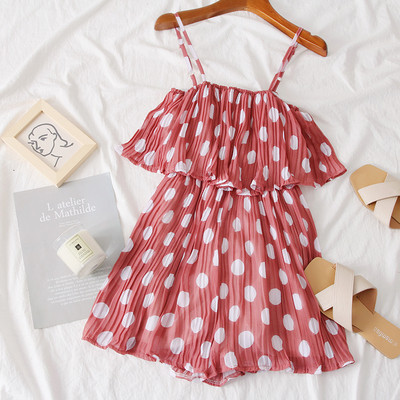 Salopetă de damă modernă plisată cu bretele subțiri în patru culori de puncte