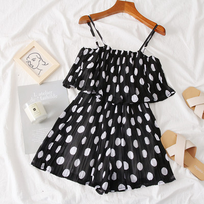 Salopetă de damă modernă plisată cu bretele subțiri în patru culori de puncte