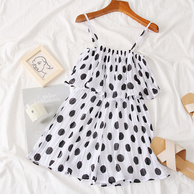 Salopetă de damă modernă plisată cu bretele subțiri în patru culori de puncte