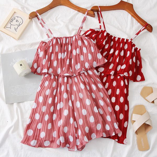 Salopetă de damă modernă plisată cu bretele subțiri în patru culori de puncte