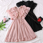 Μοντέρνο γυναικείο φόρεμα με ντεκολτέ σε σχήμα V και φούντα σε τέσσερα χρώματα