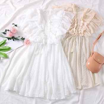 Μοντέρνο γυναικείο φόρεμα με ντεκολτέ σε σχήμα V και φούντα σε τέσσερα χρώματα