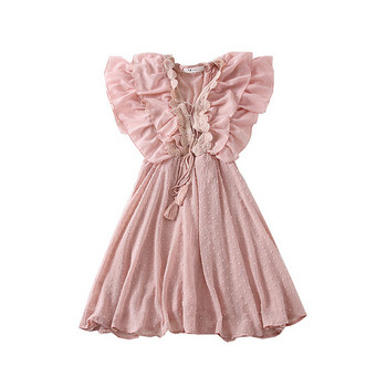 Μοντέρνο γυναικείο φόρεμα με ντεκολτέ σε σχήμα V και φούντα σε τέσσερα χρώματα