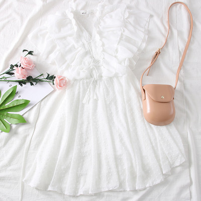 Μοντέρνο γυναικείο φόρεμα με ντεκολτέ σε σχήμα V και φούντα σε τέσσερα χρώματα