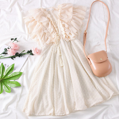 Μοντέρνο γυναικείο φόρεμα με ντεκολτέ σε σχήμα V και φούντα σε τέσσερα χρώματα