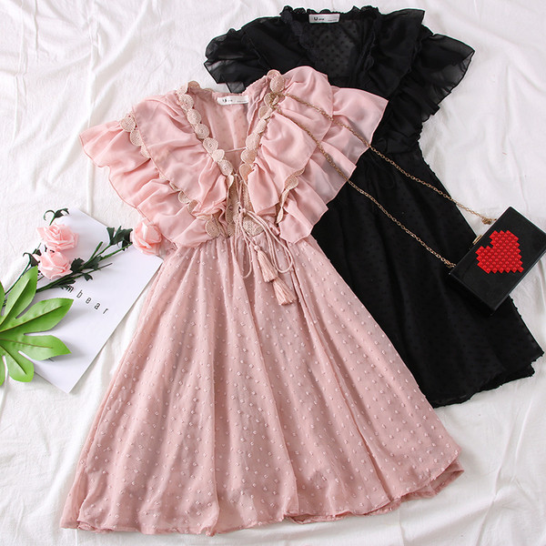 Μοντέρνο γυναικείο φόρεμα με ντεκολτέ σε σχήμα V και φούντα σε τέσσερα χρώματα