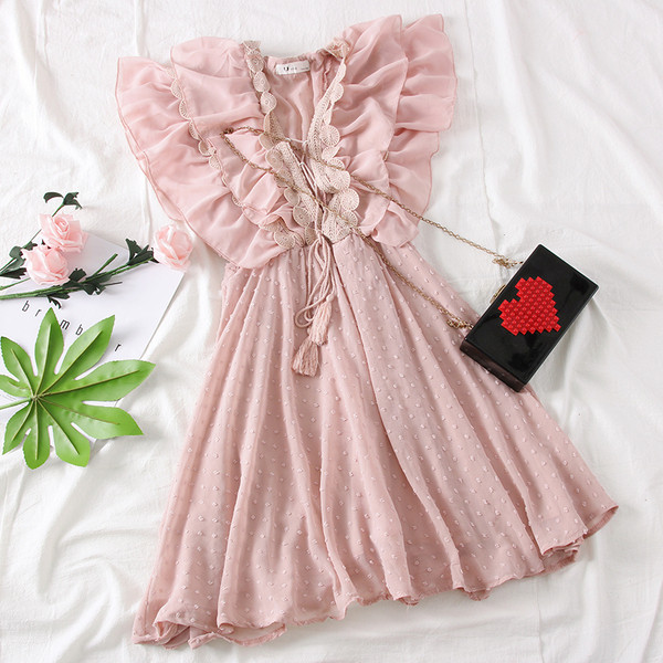 Μοντέρνο γυναικείο φόρεμα με ντεκολτέ σε σχήμα V και φούντα σε τέσσερα χρώματα