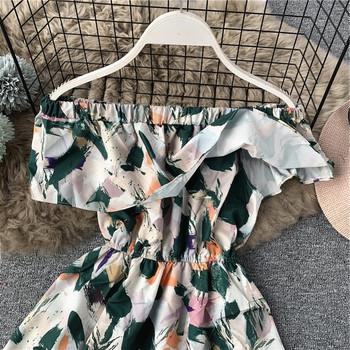 Καθημερινό γυναικείο φόρεμα με φυτικό μοτίβο και γυμνά ώμους