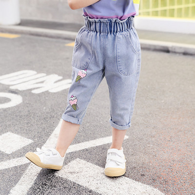 Modern gyerekfarmer hímzéssel és zsebekkel lányoknak