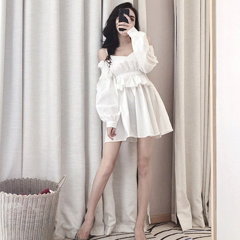 Γυναικείο λευκό φόρεμα με ιμάντες και μακριά μανίκια