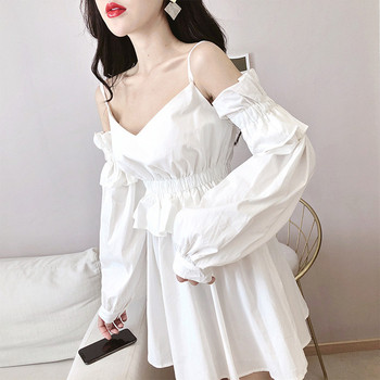 Γυναικείο λευκό φόρεμα με ιμάντες και μακριά μανίκια