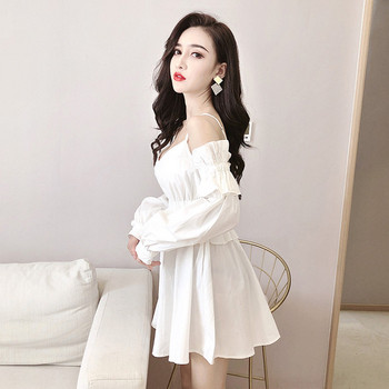 Γυναικείο λευκό φόρεμα με ιμάντες και μακριά μανίκια