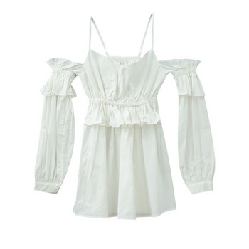 Γυναικείο λευκό φόρεμα με ιμάντες και μακριά μανίκια