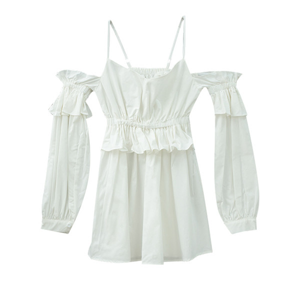 Γυναικείο λευκό φόρεμα με ιμάντες και μακριά μανίκια