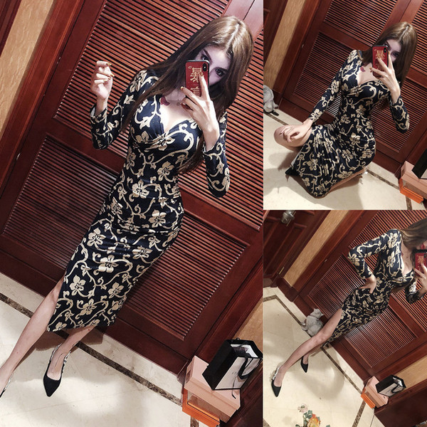 Γυναικείο κομψό φόρεμα με μακριά μανίκια και λαιμόκοψη σε σχήμα V