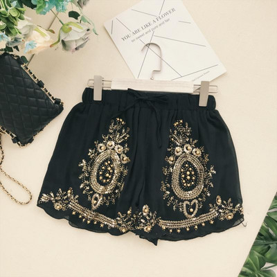 Модерни дамски къси панталони с връзки и камъни в няколко цвята