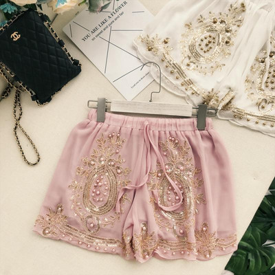 Модерни дамски къси панталони с връзки и камъни в няколко цвята