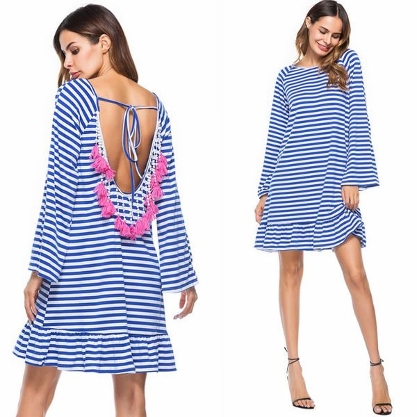 Casual γυναικείο ριγέ φόρεμα ευρεία μοτίβο με στοιχείο φούντα