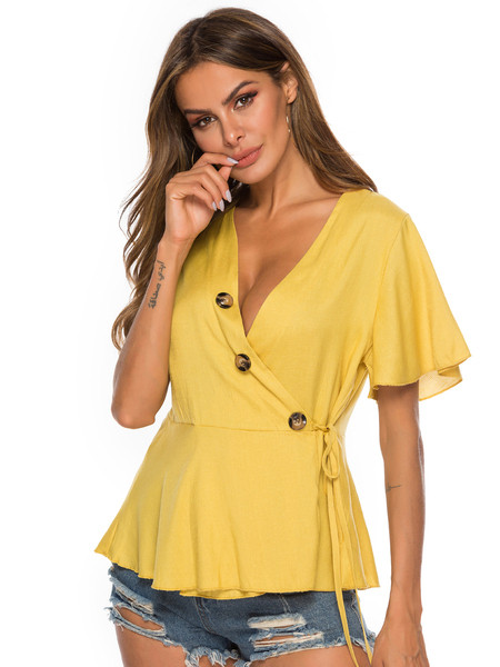 Κομψή μπλούζα με κοντό μανίκι και ντεκολτέ σε σχήμα V σε κίτρινο χρώμα