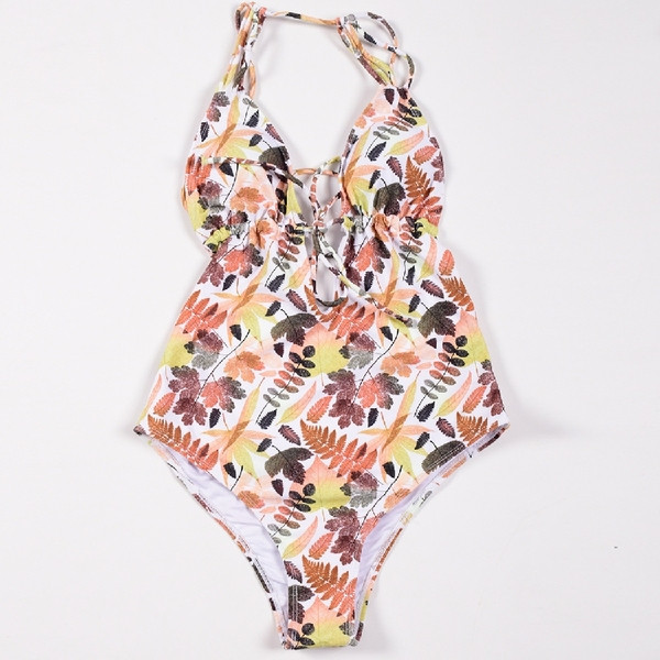 Costum de baie complet pentru femei cu aplicație colorată și decolteu în V