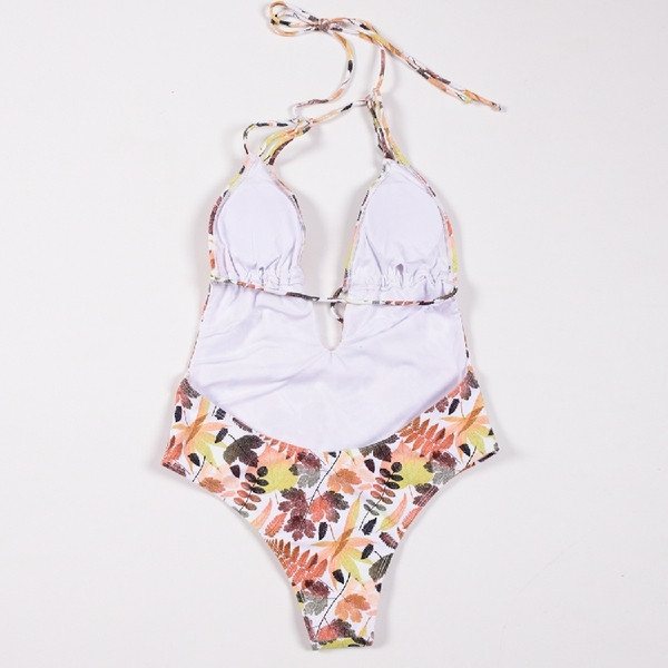 Costum de baie complet pentru femei cu aplicație colorată și decolteu în V