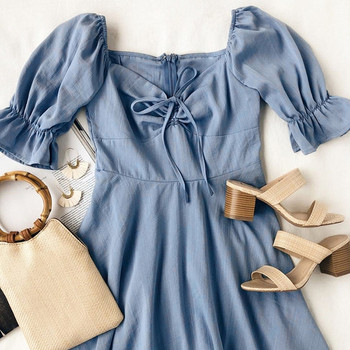 Alkalmi női ruha rövid ujjú, kék színű nyakkendővel