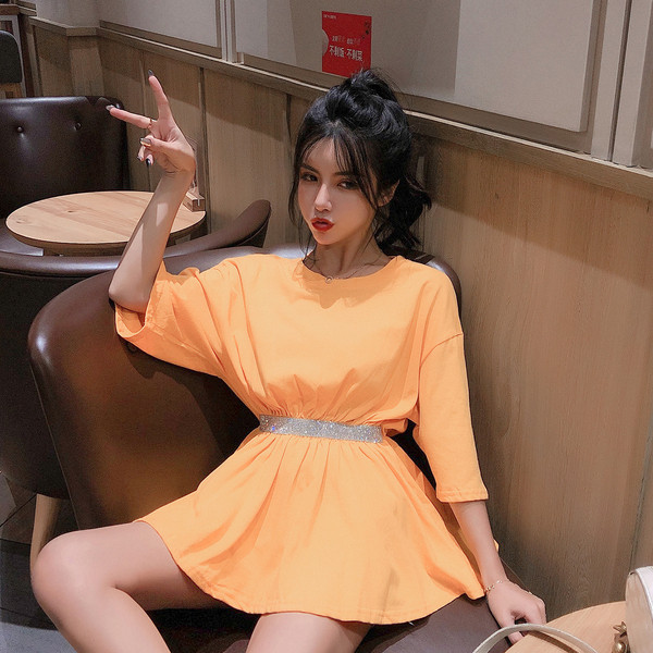 Γυναικείο χιτώνιο με 3/4 μανίκι και ασημένια ζώνη