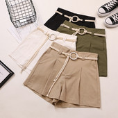 Стилни дамски къси панталони с висока талия и колан в четири цвята