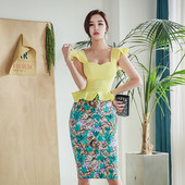 Set elegant de damă din două părți fustă + maiou în galben și verde