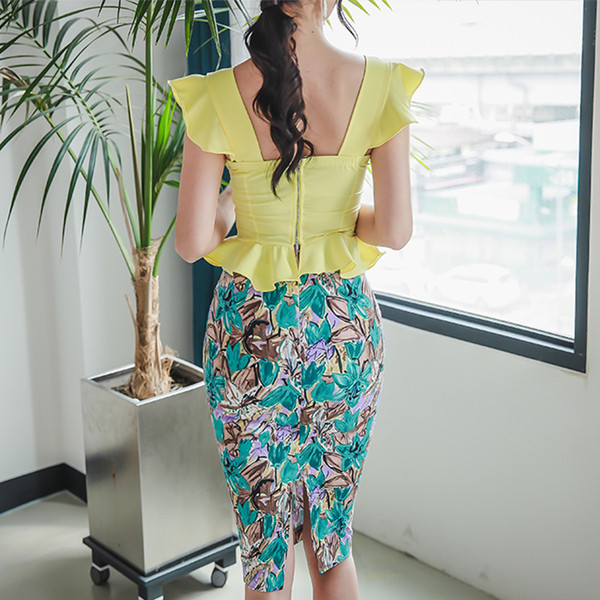 Set elegant de damă din două părți fustă + maiou în galben și verde