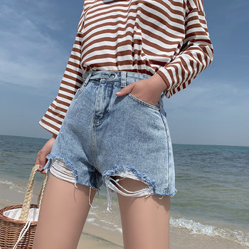 Μοντέρνα γυναικεία short jeans με σχισμένα σχέδια και ψηλή μέση