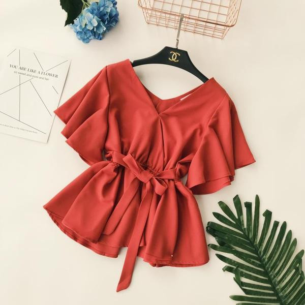 Κομψή γυναικεία μπλούζα με φαρδιά μανίκια και ντεκολτέ σε σχήμα V σε διάφορα χρώματα