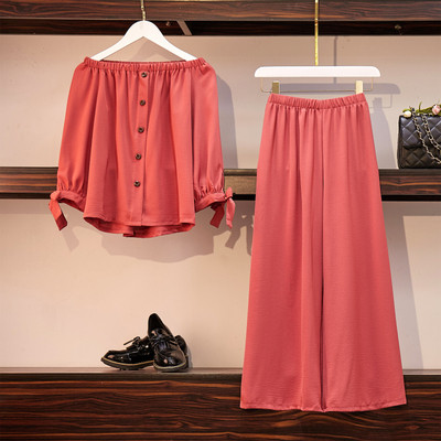 Γυναικείο casual σετ μπλούζας και φαρδιά παντελόνια σε κόκκινο και μαύρο χρώμα