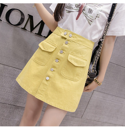 Fusta de dama eleganta cu talie inalta si nasturi in bej, galben, alb, mov si negru