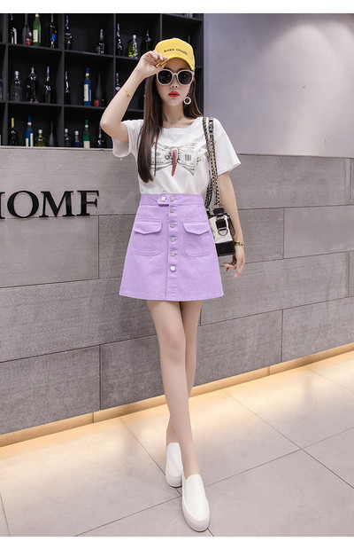 Fusta de dama eleganta cu talie inalta si nasturi in bej, galben, alb, mov si negru