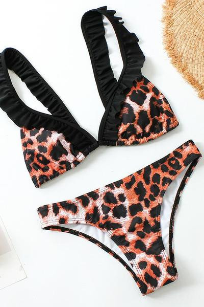 Γυναικείο μαγιό μπικίνι με λεοπάρδαλη πριντ σε καφέ χρώμα