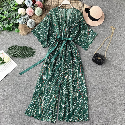 Salopetă elegantă de damă cu mâneci scurte și curea în negru și verde