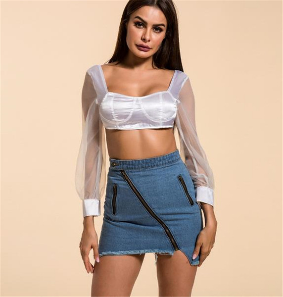 Casual  γυναικεία φούστα denim με ασύμμετρη  μοτίβο και φερμουάρ