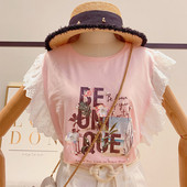 Μοντέρνα γυναικεία μπλούζα μανίκι με πέρλες και επιγραφή