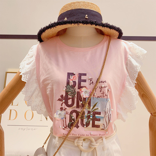 Μοντέρνα γυναικεία μπλούζα μανίκι με πέρλες και επιγραφή