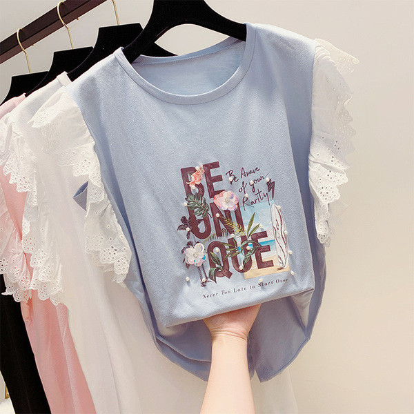 Μοντέρνα γυναικεία μπλούζα μανίκι με πέρλες και επιγραφή