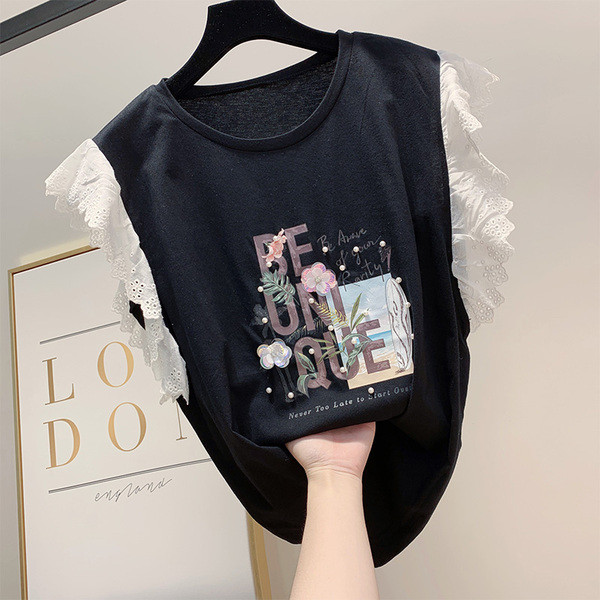 Μοντέρνα γυναικεία μπλούζα μανίκι με πέρλες και επιγραφή